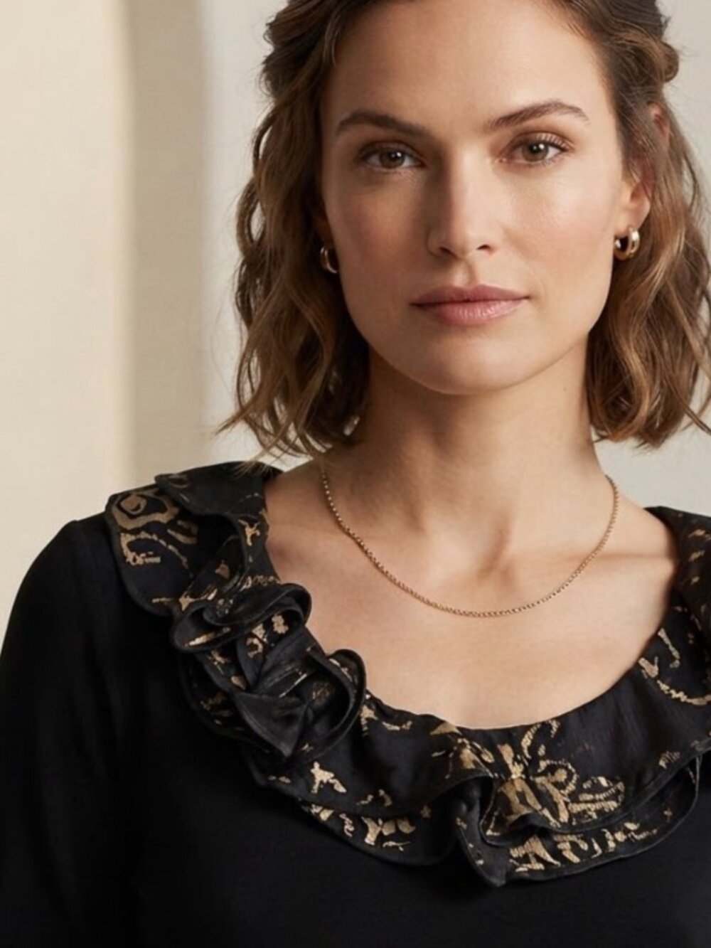 Ralph Lauren Women Blouse Top XL/TG Black 3/4 Sleeves Round Ruffles Neck Stretch